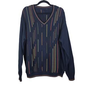 Sweater Mens Large Black Orange Yellow 3D Knit Long Sleeve Pullover Cosby VNeck